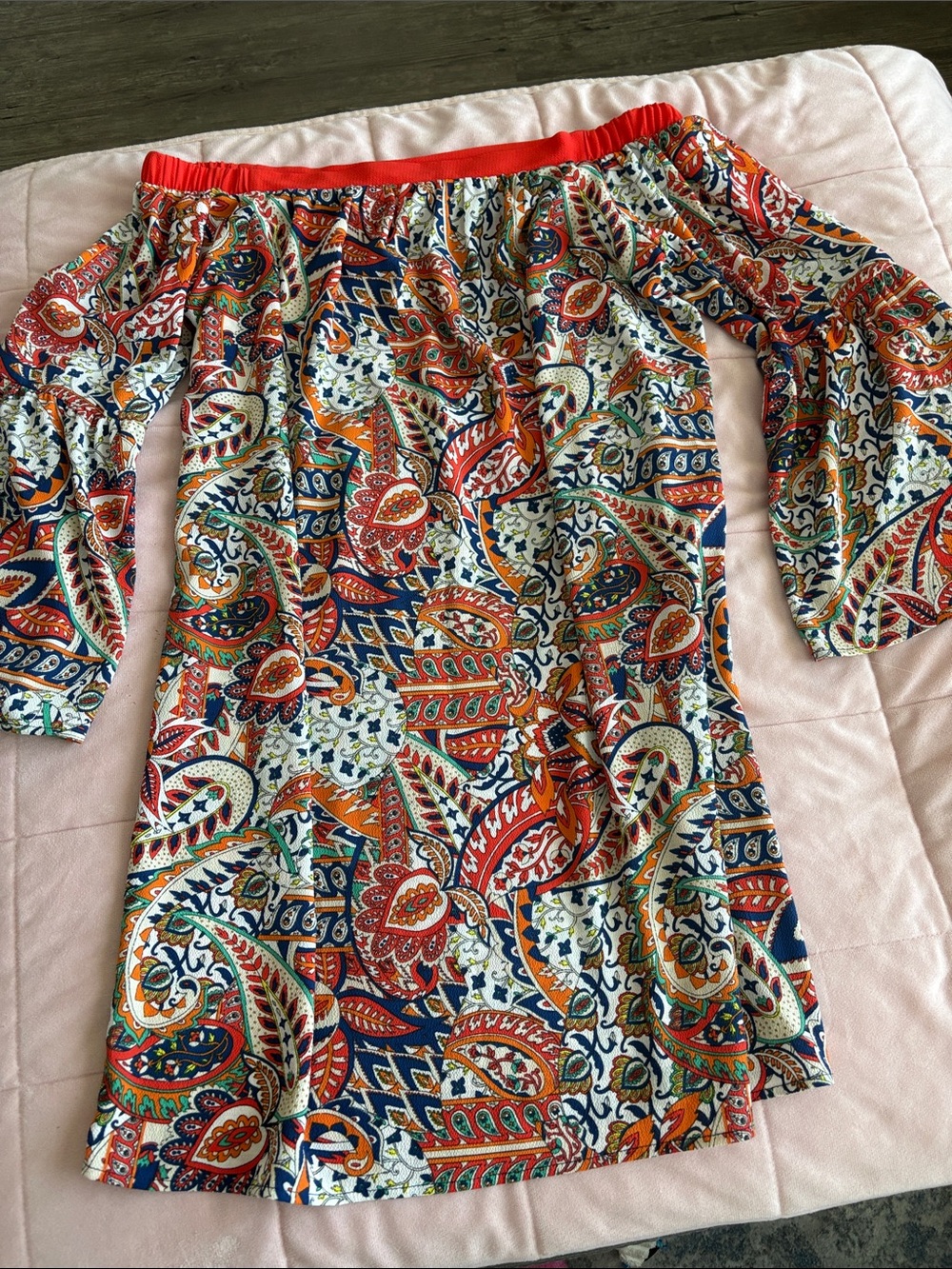 Off-Shoulder Paisley Print Dress in Red and Navy